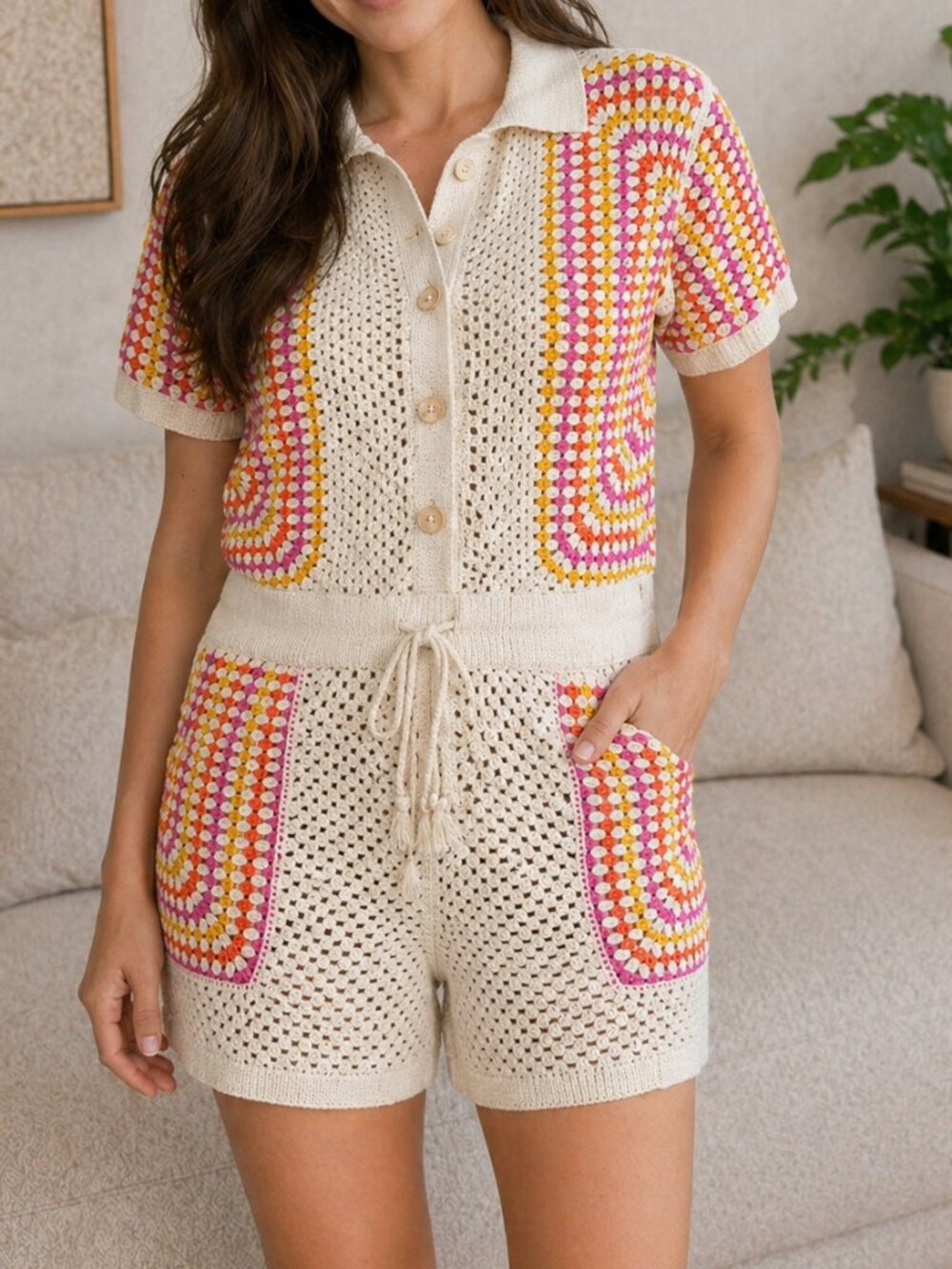 house of harlow 1960 crochet top shorts set cream multi S - Picture 11 of 11